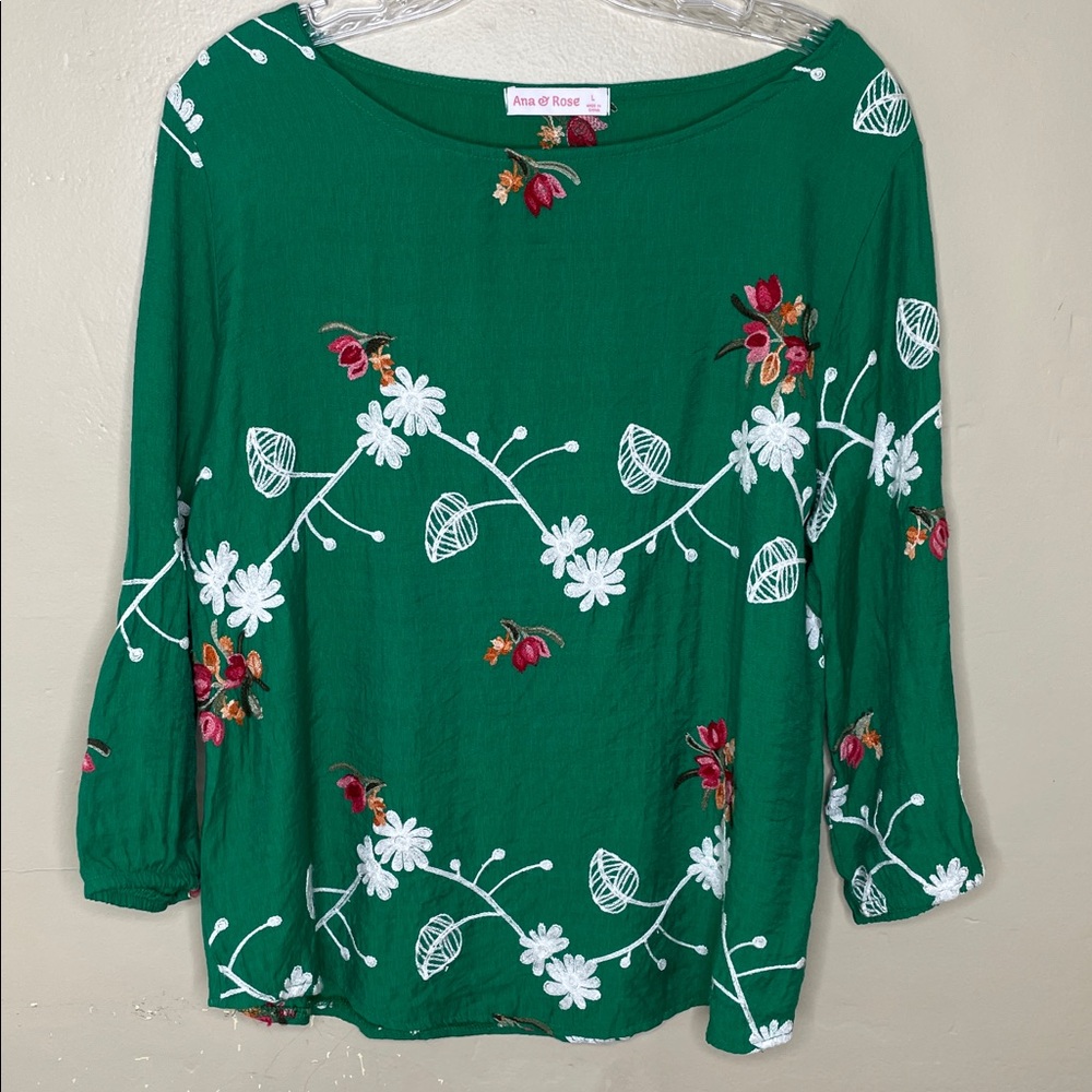 ANA & ROSE Green Embroidered Floral Boho Tunic Top Large